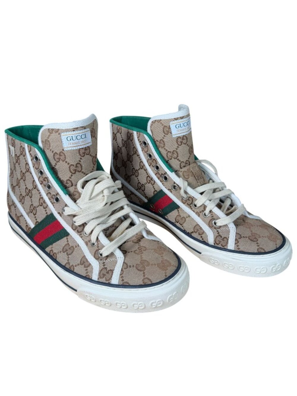 Gucci Tennis 1977 GG Canvas Mid Top Sneakers Beige Size UK 8.5 US 9.5